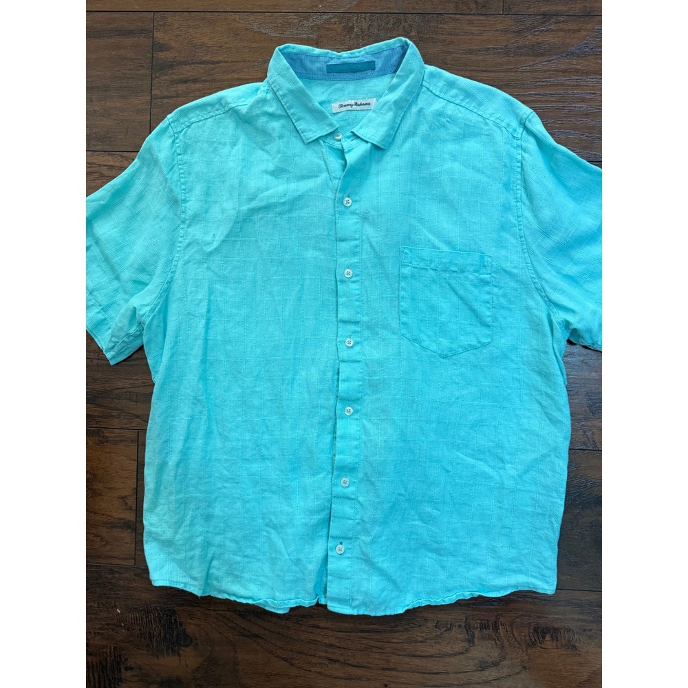 Tommy Bahama Mens XL Aqua Blue 100% Linen Textured Short Sleeve Button Down Shir